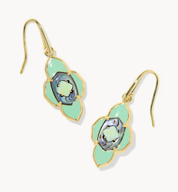 Abbie Medallion Gold Small Drop Earrings- Abalone Sea Green Mix