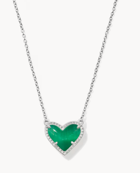 Ari Heart Shaped Silver Pendant Necklace Rhod Emerald Cats Eye