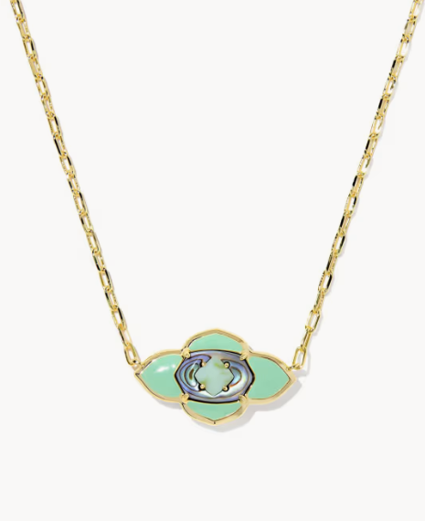 Abbie Medallion Gold Short Pendant Necklace- Abalone Sea Green Mix