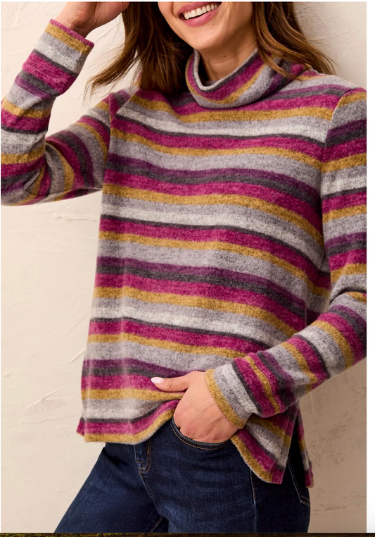Tribal Long Sleeve Funnel Neck Top with Side Slits (  Mulberry )