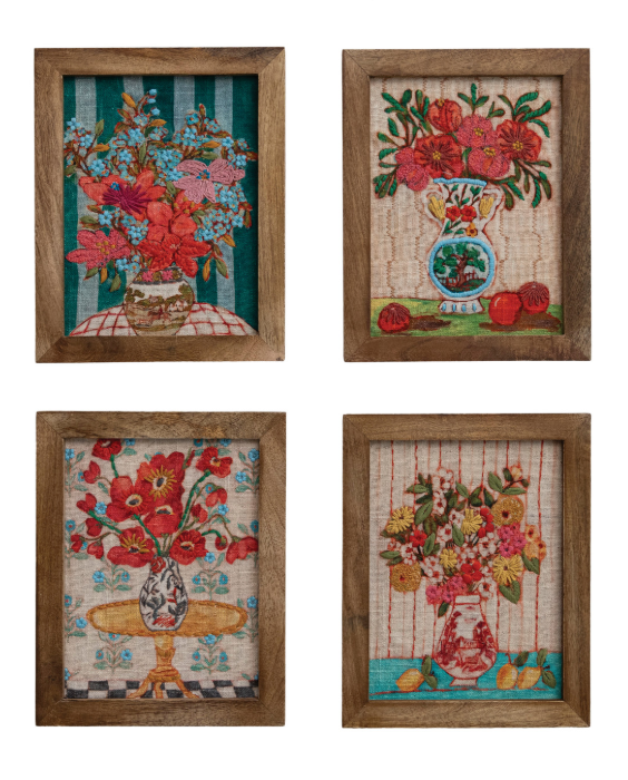 WoodFramed Cotton Embroidered Wall Décor w Flowers in Vase