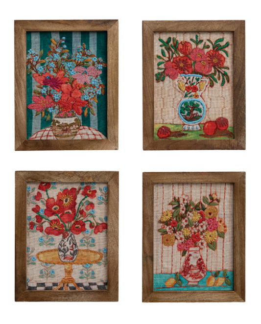 WoodFramed Cotton Embroidered Wall Décor w Flowers in Vase