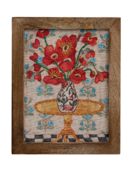 WoodFramed Cotton Embroidered Wall Décor w Flowers in Vase