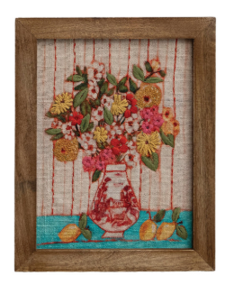WoodFramed Cotton Embroidered Wall Décor w Flowers in Vase