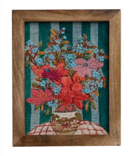 WoodFramed Cotton Embroidered Wall Décor w Flowers in Vase