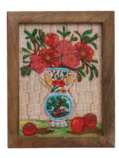 WoodFramed Cotton Embroidered Wall Décor w Flowers in Vase