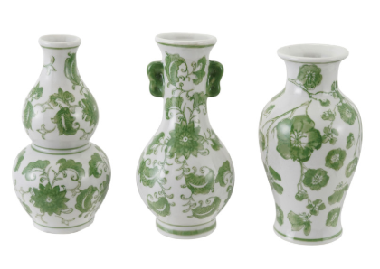 Hand-Painted Stoneware Vase W Floral Design Green & White