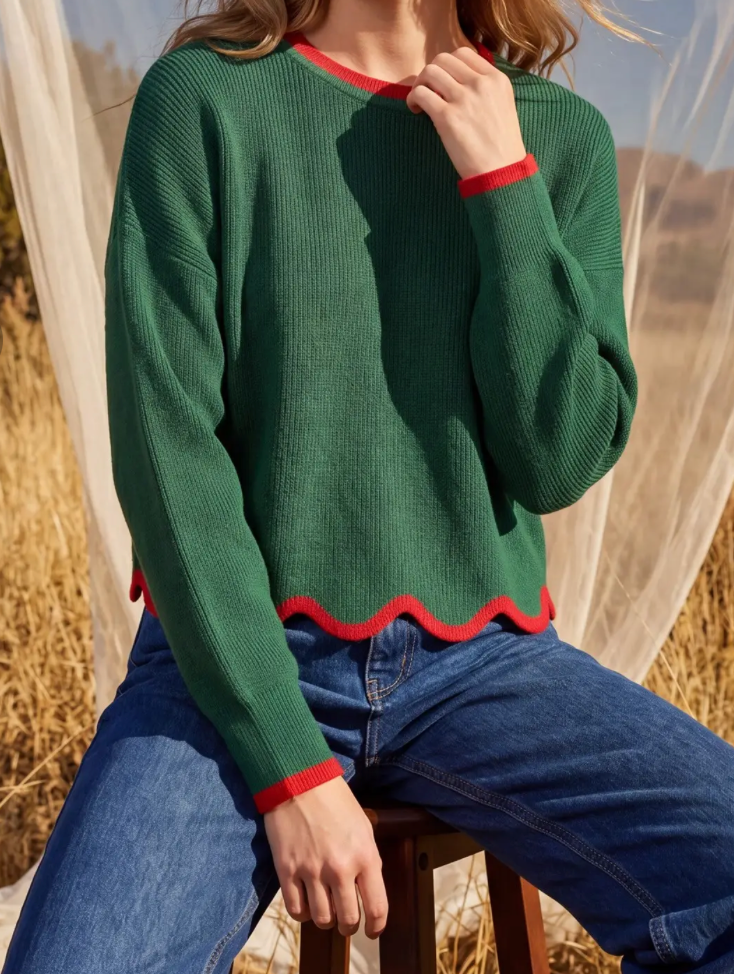 Green Sweater with Red Trim