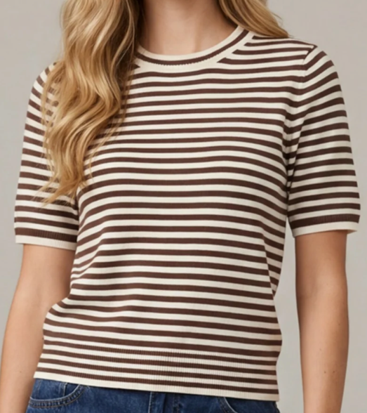 Short Sleeve Cream/Brown Striped Sweater Top