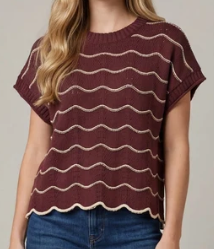 Short Sleeve Brown Scallop Striped Pattern Knit Sweater Top