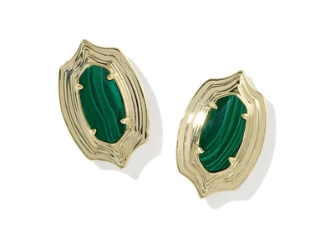 Ellie Stepped Frame Stud Earrings Gold Green Malachite