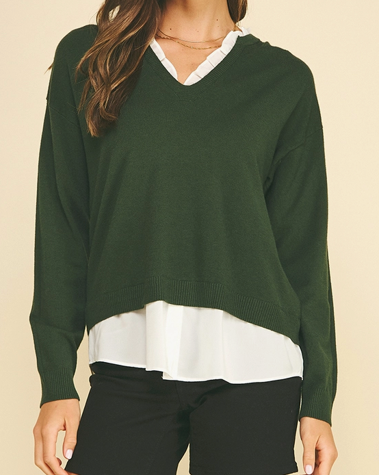 V-Neck Knit Woven Combo Top Eden Green