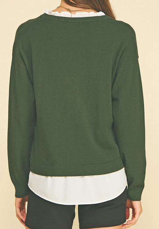 V-Neck Knit Woven Combo Top Eden Green