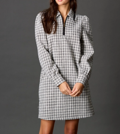 Boucle Quarter Zip Shift Dress Ivory/Black