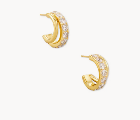 Livy Gold Huggie Earrings in White Crystal