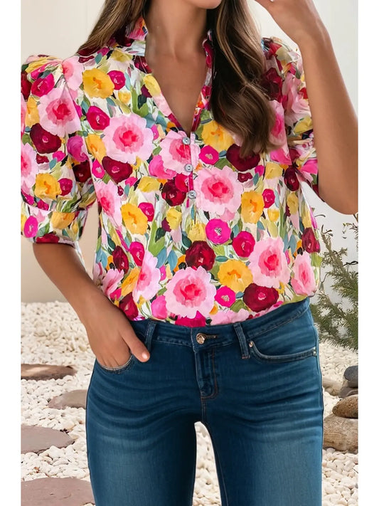Floral Frilled V Neck Puff Short Sleeve Blouse