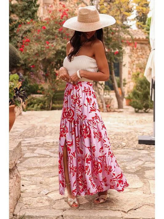Bohemian Floral Print Tiered Maxi Skirt