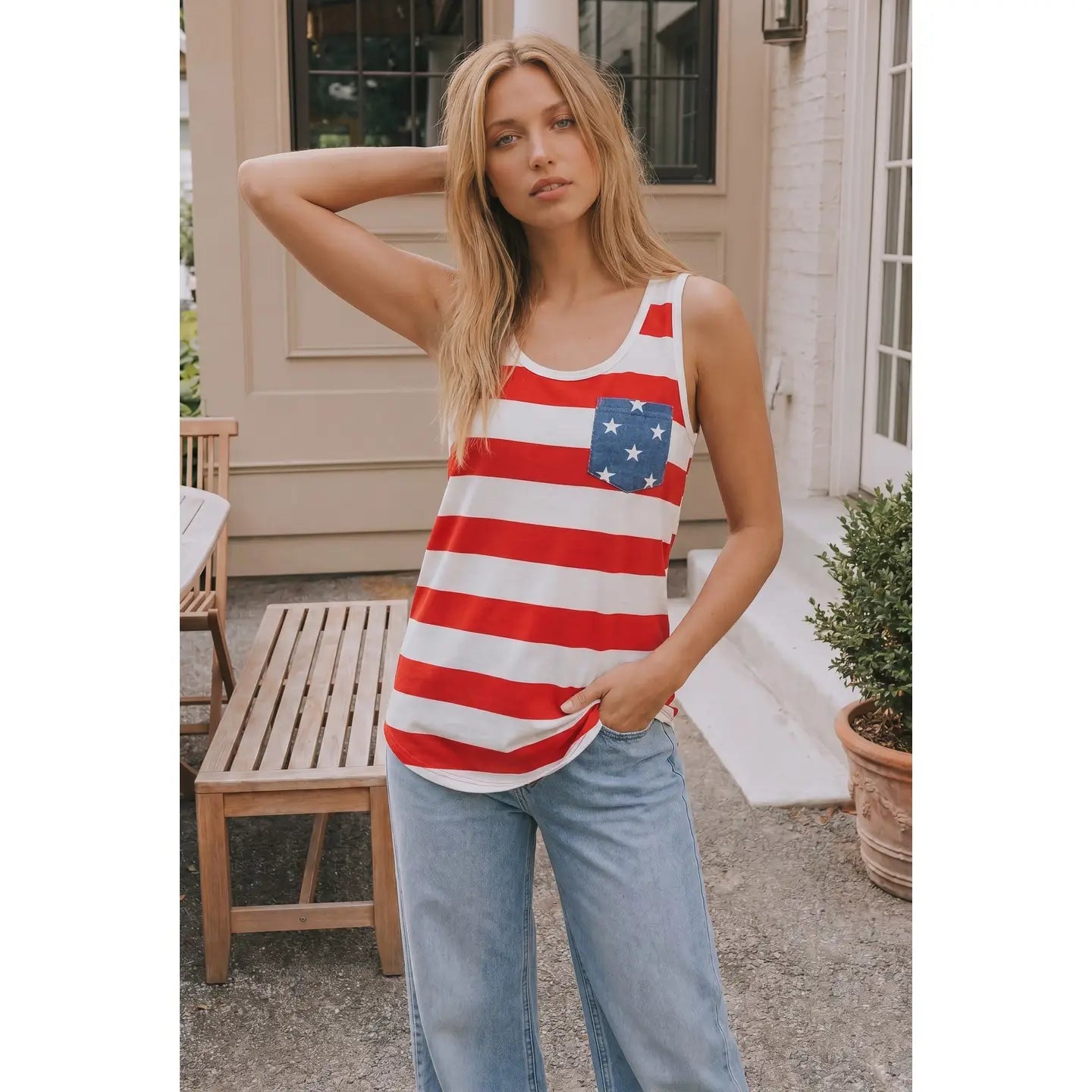 USA Stripe Tank with Star Pocket & Bow Back