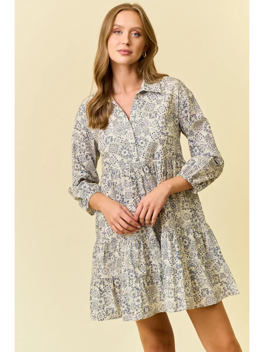 Paisley Print Half Button Down Mini Dress