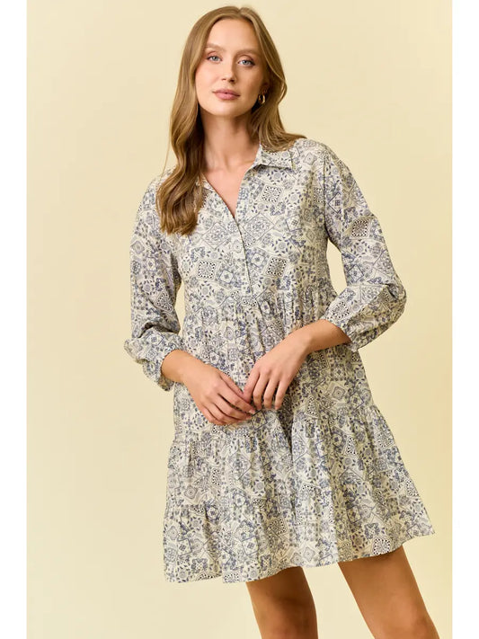 Paisley Print Half Button Down Mini Dress