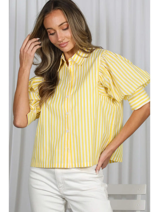 Strip Print Puff Sleeve Collared Shirt