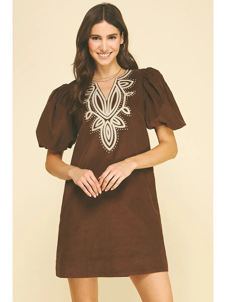 Corduroy Emboidery Detailed Mini Dress
