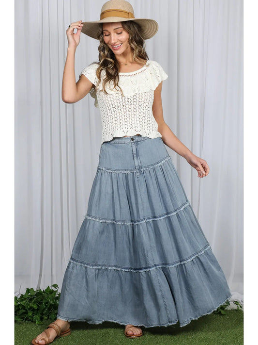 Tiered A-Line Fringe Hem Retro Chambray Maxi Skirt