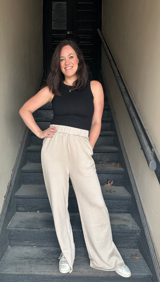 Scuba Modal Wide Leg Pants with Bottom Slit  ( Taupe )