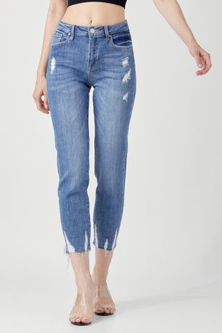 Risen High Rise Crop Boyfriend Distressed Hem Jeans