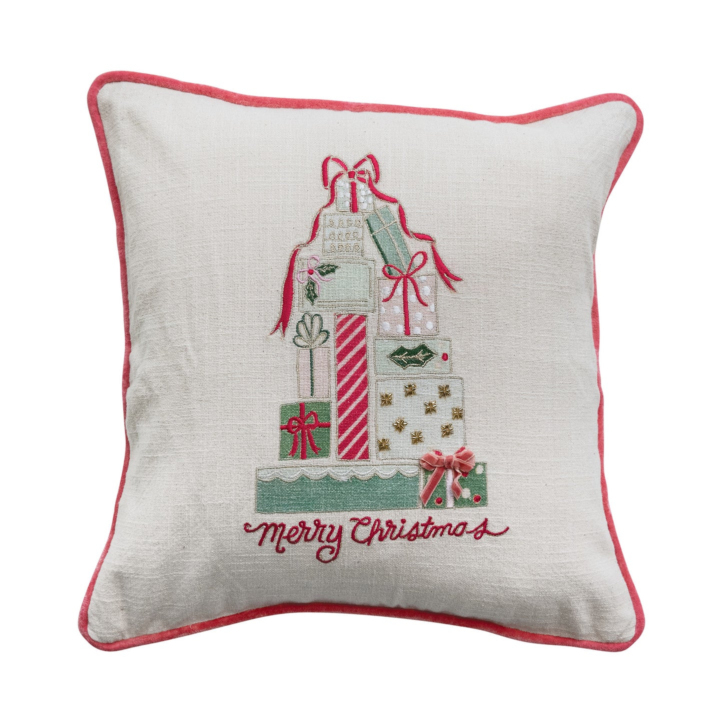 C-26Square Christmas Pillow with Gifts, Embroidery 20" Sq.
