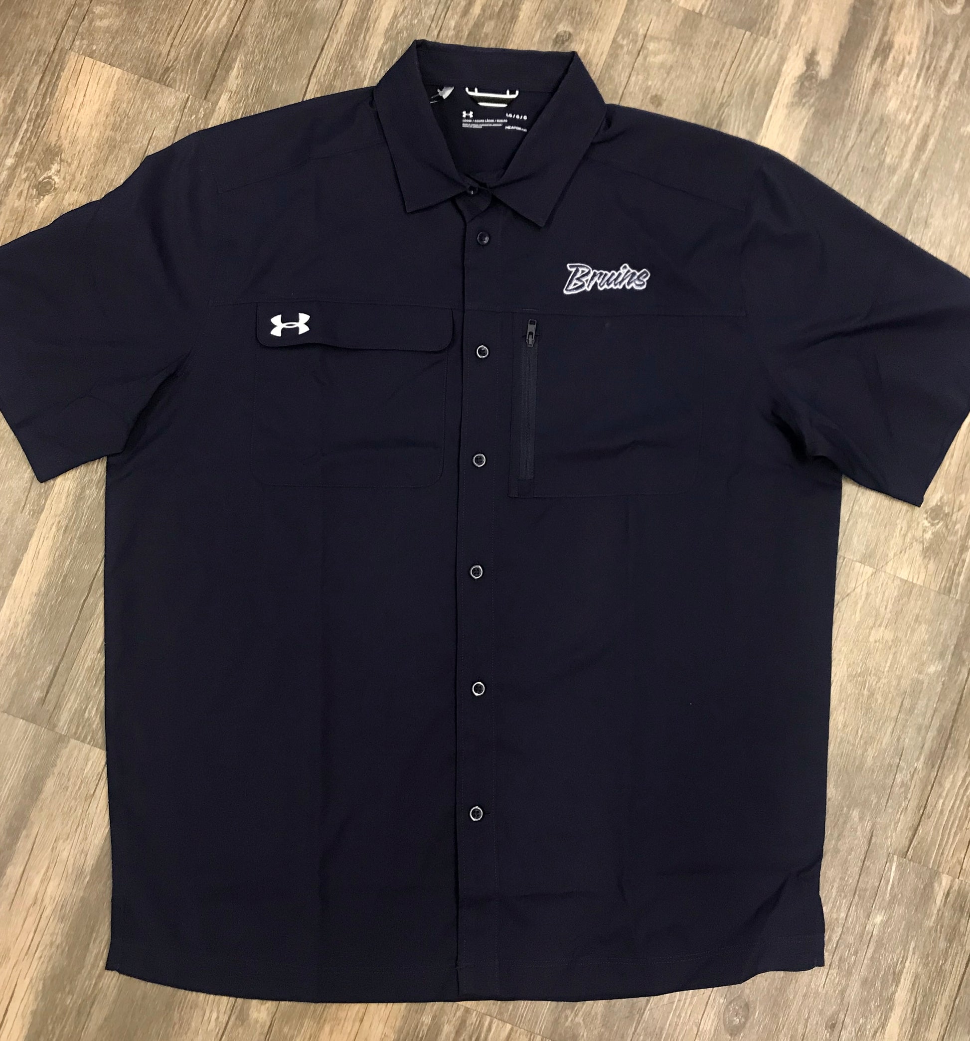 Under Armour Bruin Script Navy 2 Pocket Button Down – Moxie On Second Under Armour Bruin Script Navy 2 Pocket Button Down – Moxie On Second