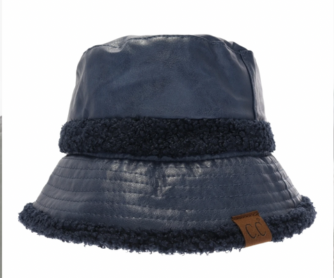 Soft Faux Leather Shearling C.C. Bucket Hat ( Indigo )