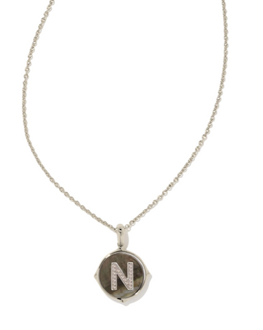 Letter N Silver Disc Reversible Pendant Necklace in Black Mother-of-Pearl
