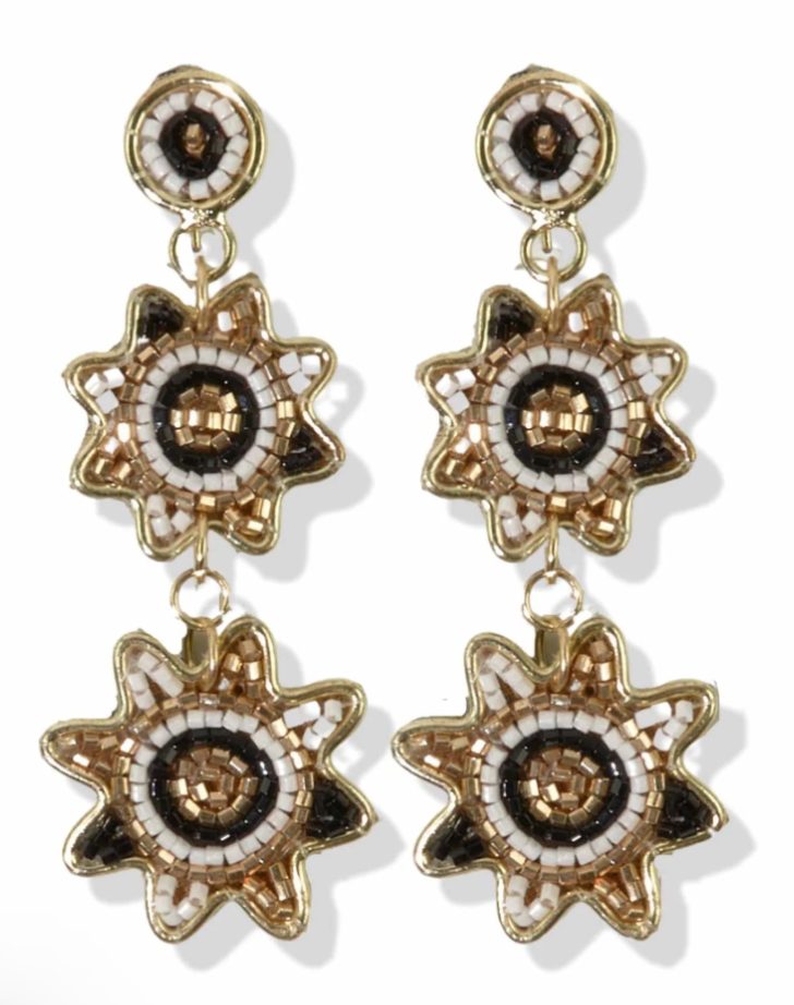 Black Gold In Brass  Dangle Flower Frame Post Earrings