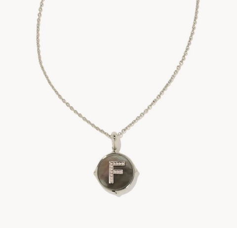 Letter F Silver Disc Pendant Necklace / Black Mother-of-Pearl