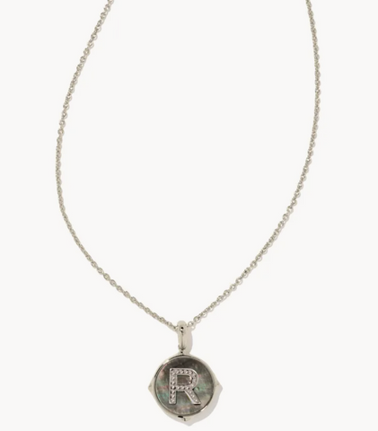 Letter R Silver Disc Pendant Necklace / Black Mother-of-Pearl
