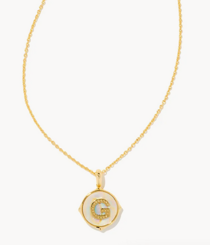 Letter G Gold Disc Pendant Necklace / Iridescent Abalone