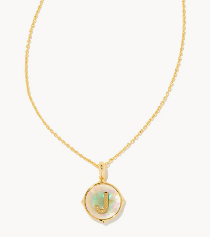 Letter J Gold Disc Pendant Necklace / Iridescent Abalone