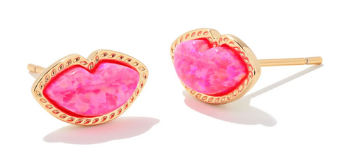 Lips Stud Earrings in Gold Bright Pink Opal